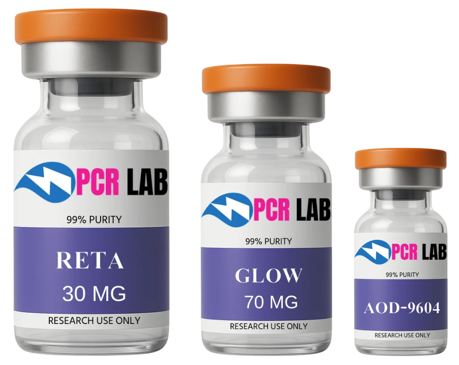 Three vials labeled with different names and concentrations, featuring 'PCR LAB' branding.